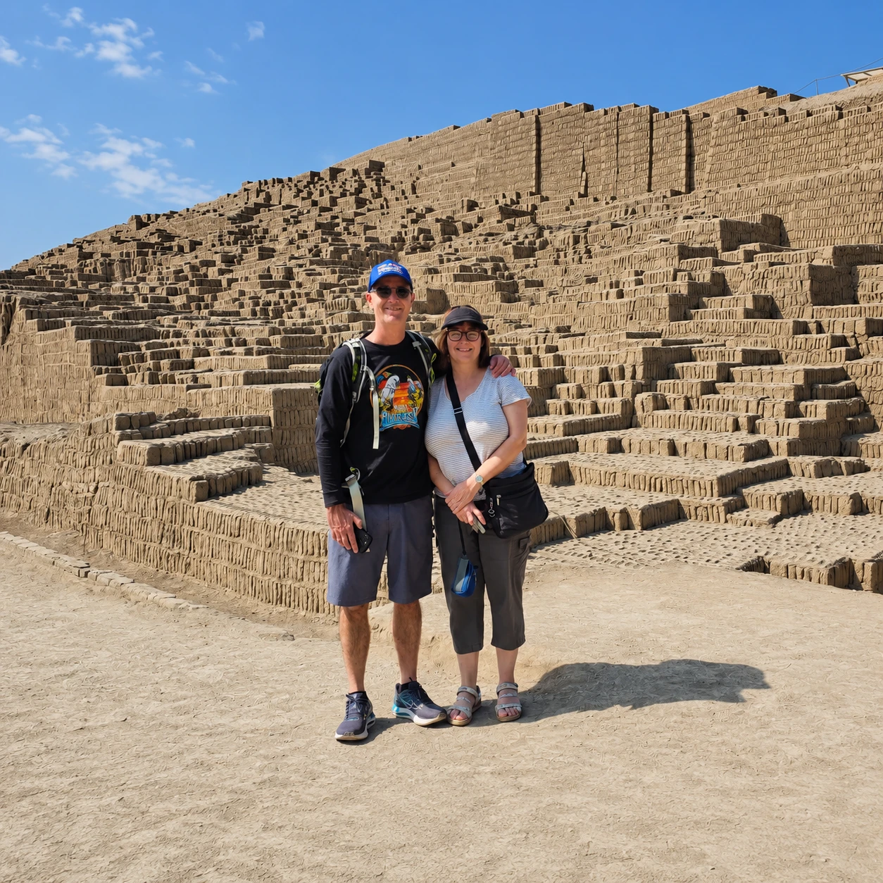 Visitor at the adobe pyramid of Huaca Pucllana in Miraflores, Lima