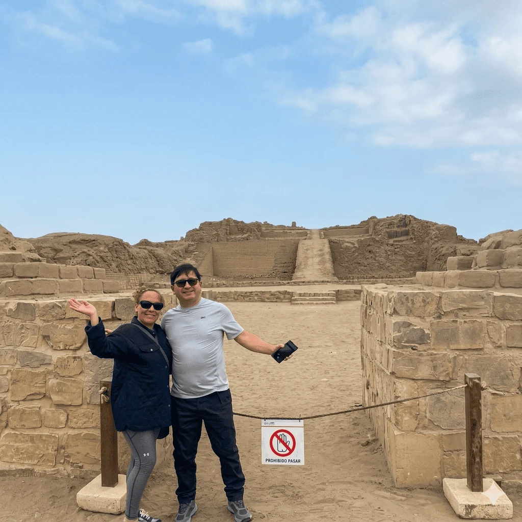 Visitors exploring adobe ruins at Pachacamac near Lima