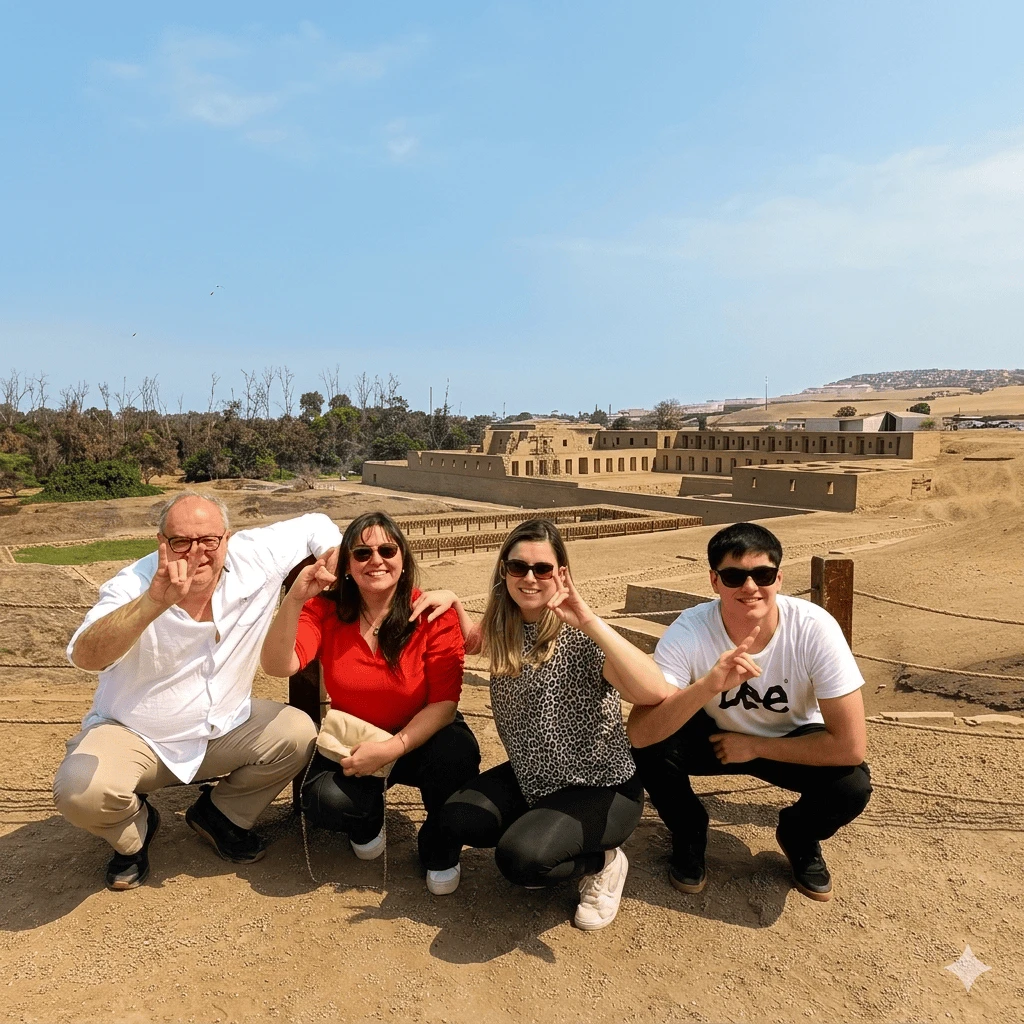 Tour group at the Pachacamac sanctuary with Pacific coast views
