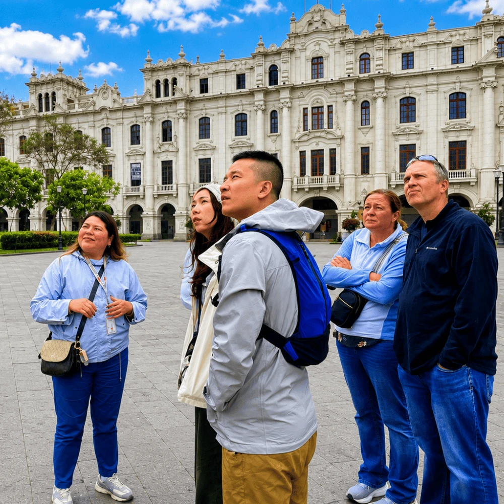 Guided walking tour group at the Government Palace area, Lima Plaza Mayor