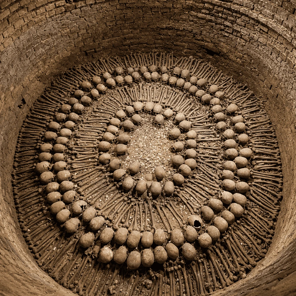 Human bones arranged in the circular ossuary of the San Francisco catacombs, Lima
