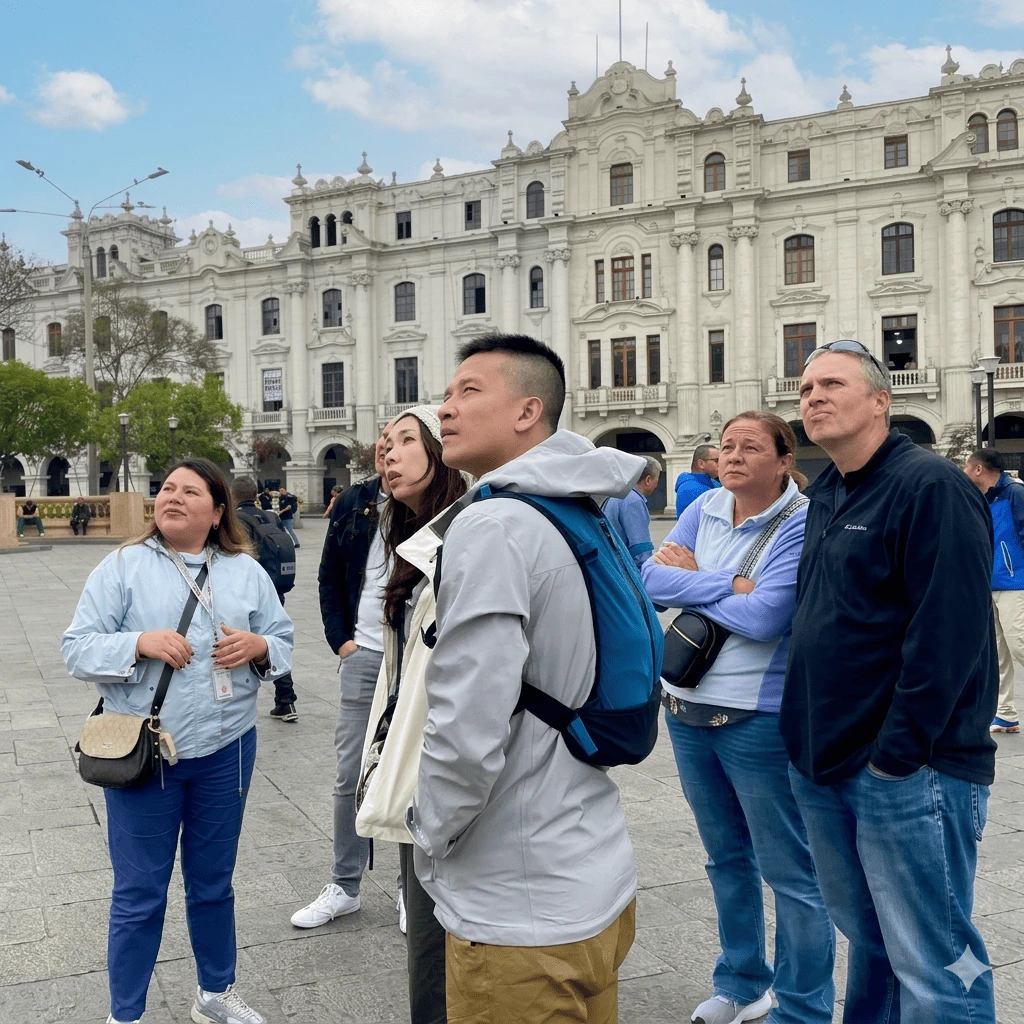 Tourists admiring colonial architecture at Plaza Mayor in Lima